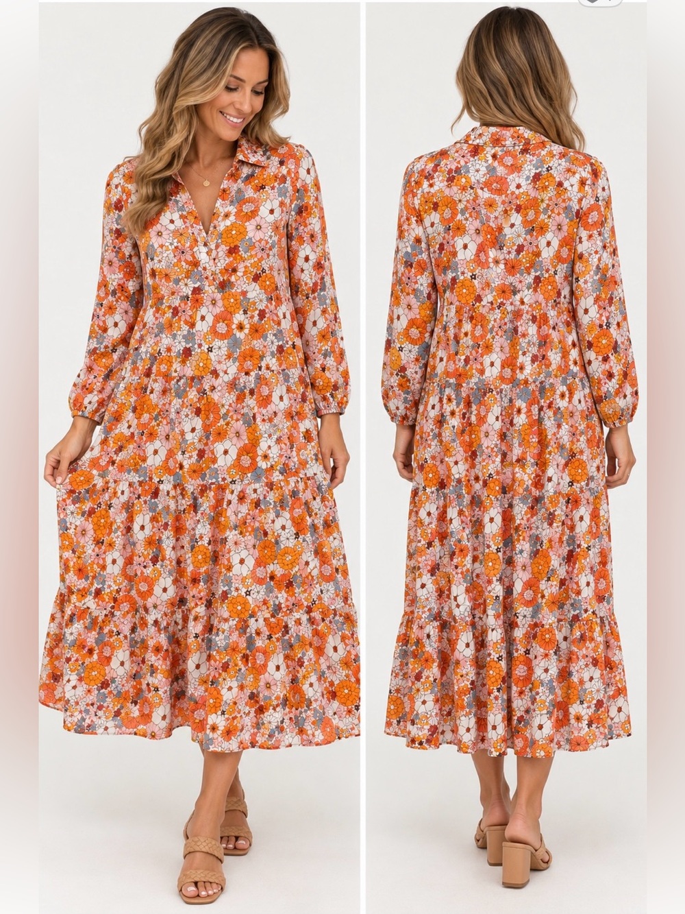 Liam & Co Women's Floral Tiered Midi Maxi Dress Orange Retro Boho 70s Sz Medium